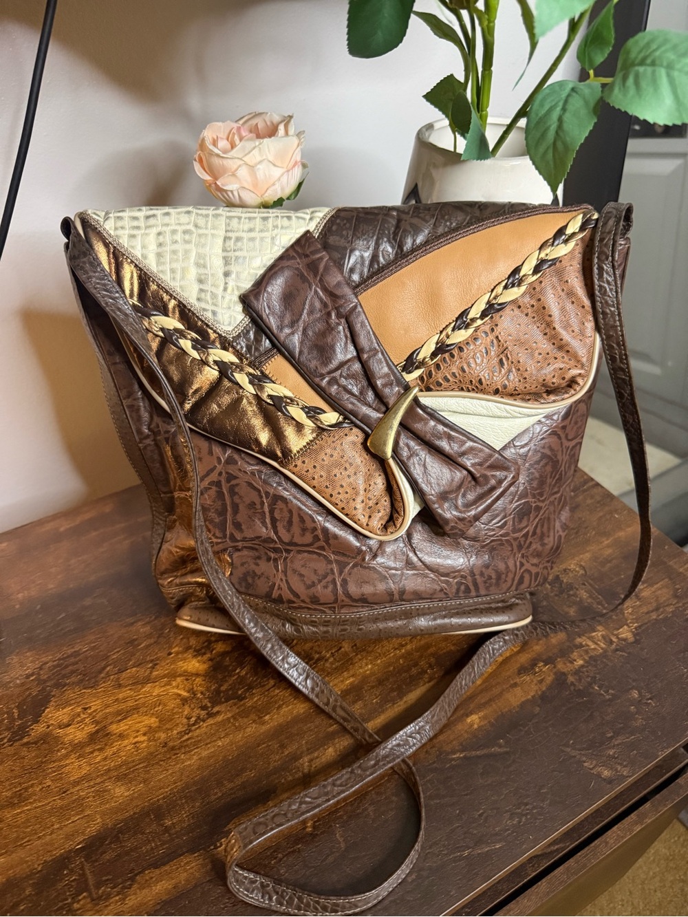 Vintage 1980s Fifth Avenue Mixed Leather Patchwork Shoulder Bag